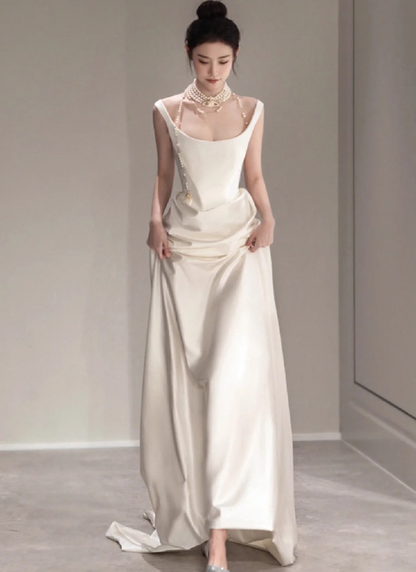 Elegant Wide Collar Satin Fabric Evening Dress Minimalist Sheath Prom Dress AP0977