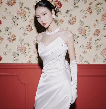 Niche Satin Applique Cinched-Waist Mermaid Maxi Dress Sweetheart Neck Strapless Prom Dress AP0978