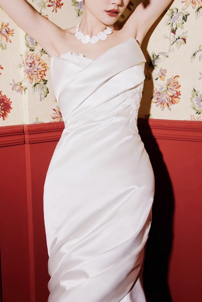 Niche Satin Applique Cinched-Waist Mermaid Maxi Dress Sweetheart Neck Strapless Prom Dress AP0978