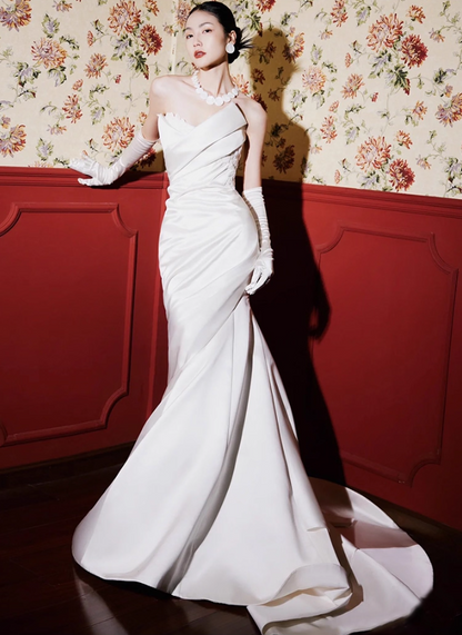 Niche Satin Applique Cinched-Waist Mermaid Maxi Dress Sweetheart Neck Strapless Prom Dress AP0978