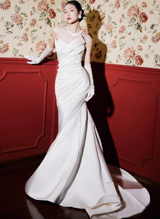 Niche Satin Applique Cinched-Waist Mermaid Maxi Dress Sweetheart Neck Strapless Prom Dress AP0978