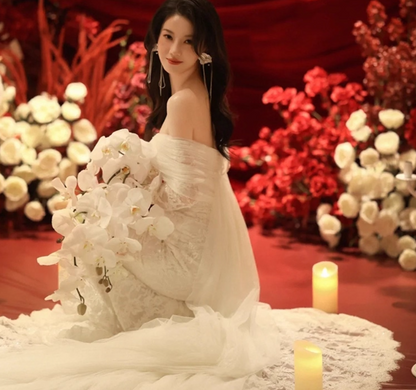 Graceful Breathable Tulle Waist-Cinching Bridal Dress Long Lace Sleeve Off-Shoulder Wedding Dress AP0979