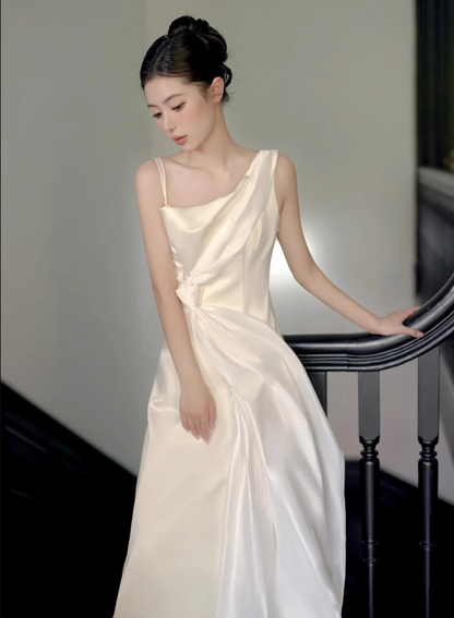Elegant Lustrous Fabric Asymmetric Neck Maxi Dress Backless Gathered Spaghetti Strap Prom Dress AP0980