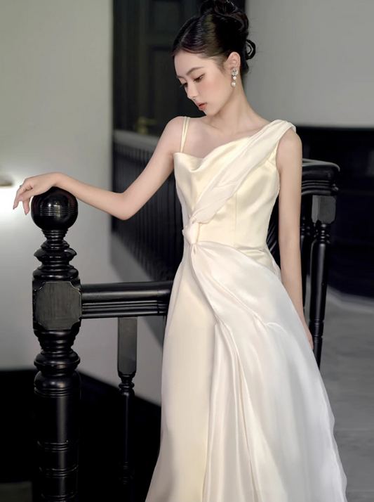 Elegant Lustrous Fabric Asymmetric Neck Maxi Dress Backless Gathered Spaghetti Strap Prom Dress AP0980