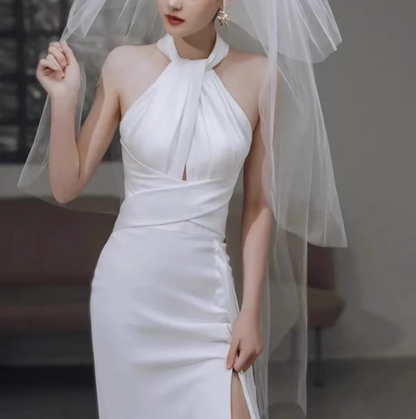 Chic White Hollow-Out Tie-Back Mermaid Evening Dress Sleeveless High-Slit Sheath Halter Wedding Dress AP0981