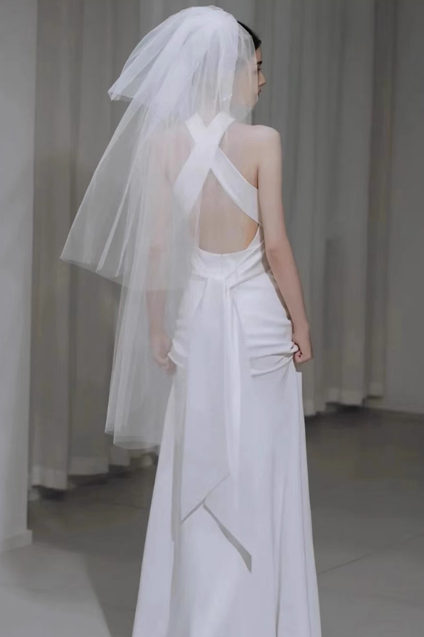 Chic White Hollow-Out Tie-Back Mermaid Evening Dress Sleeveless High-Slit Sheath Halter Wedding Dress AP0981