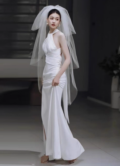 Chic White Hollow-Out Tie-Back Mermaid Evening Dress Sleeveless High-Slit Sheath Halter Wedding Dress AP0981