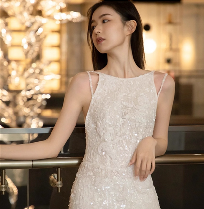 Luxurious Glitter Sequins Tulle Round Neck Maxi Dress Backless Applique Sleeveless Prom Dress AP0982