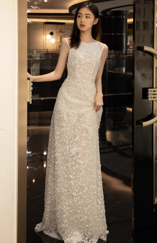 Luxurious Glitter Sequins Tulle Round Neck Maxi Dress Backless Applique Sleeveless Prom Dress AP0982