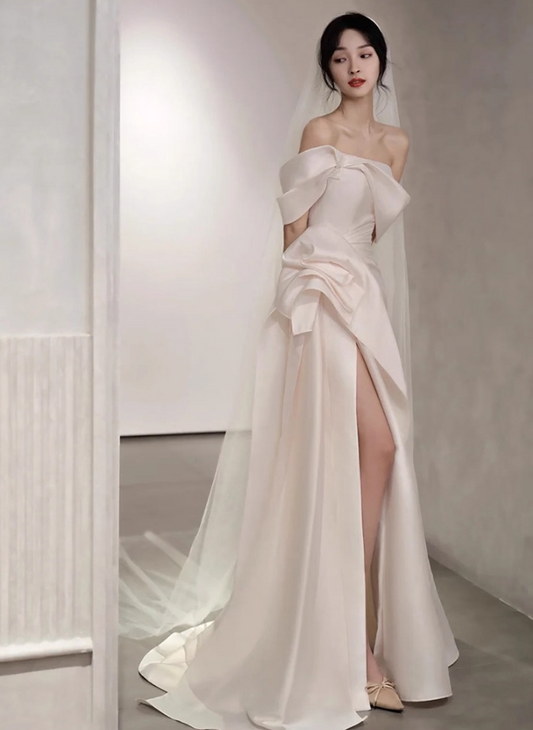 French Style Gathered Asymmetrical Neckline Bridal Dress Off-Shoulder High-Slit Wedding Dress AP0984