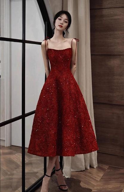 Elegant Spaghetti Strap Sparkle Sequins A-Line Midi Dress Chic Red Backless Prom Dress AP0985