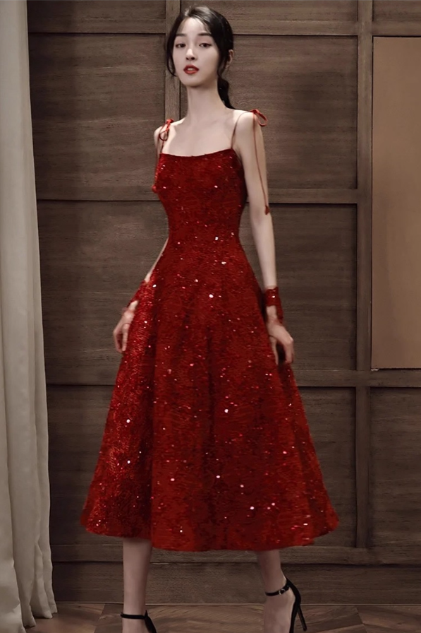 Elegant Spaghetti Strap Sparkle Sequins A-Line Midi Dress Chic Red Backless Prom Dress AP0985