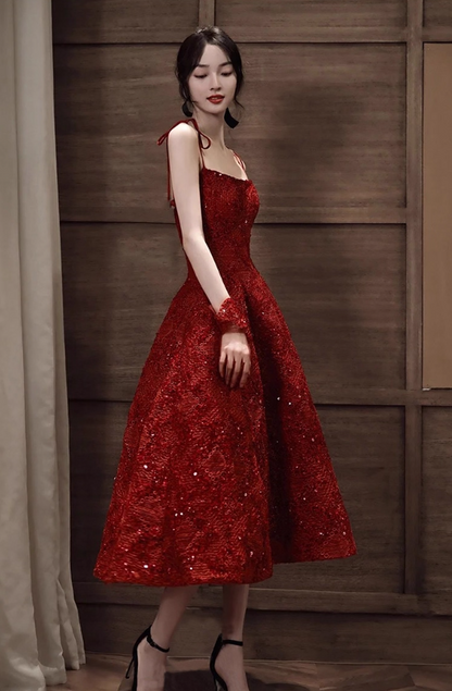 Elegant Spaghetti Strap Sparkle Sequins A-Line Midi Dress Chic Red Backless Prom Dress AP0985
