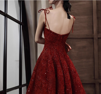 Elegant Spaghetti Strap Sparkle Sequins A-Line Midi Dress Chic Red Backless Prom Dress AP0985