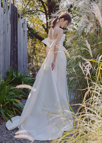 Romantic Satin Trimmed Lace Splicing Maxi Dress Strapless Cinched-Waist Wedding Dress AP0986