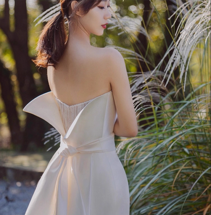 Romantic Satin Trimmed Lace Splicing Maxi Dress Strapless Cinched-Waist Wedding Dress AP0986