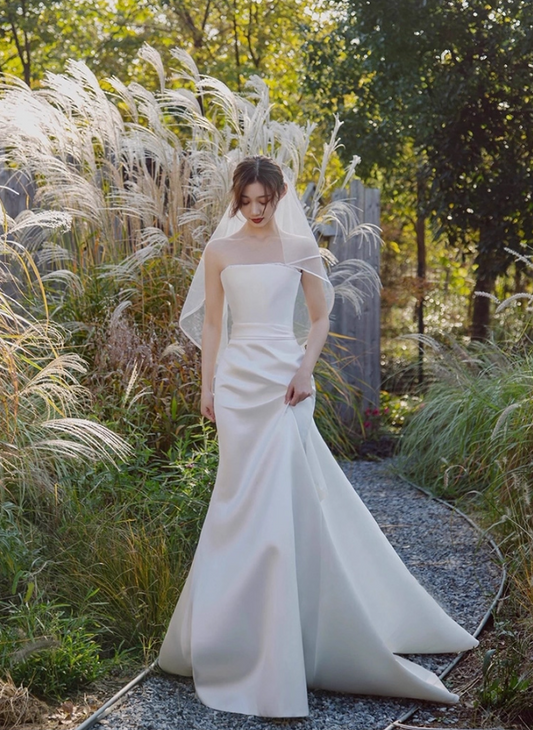 Romantic Satin Trimmed Lace Splicing Maxi Dress Strapless Cinched-Waist Wedding Dress AP0986