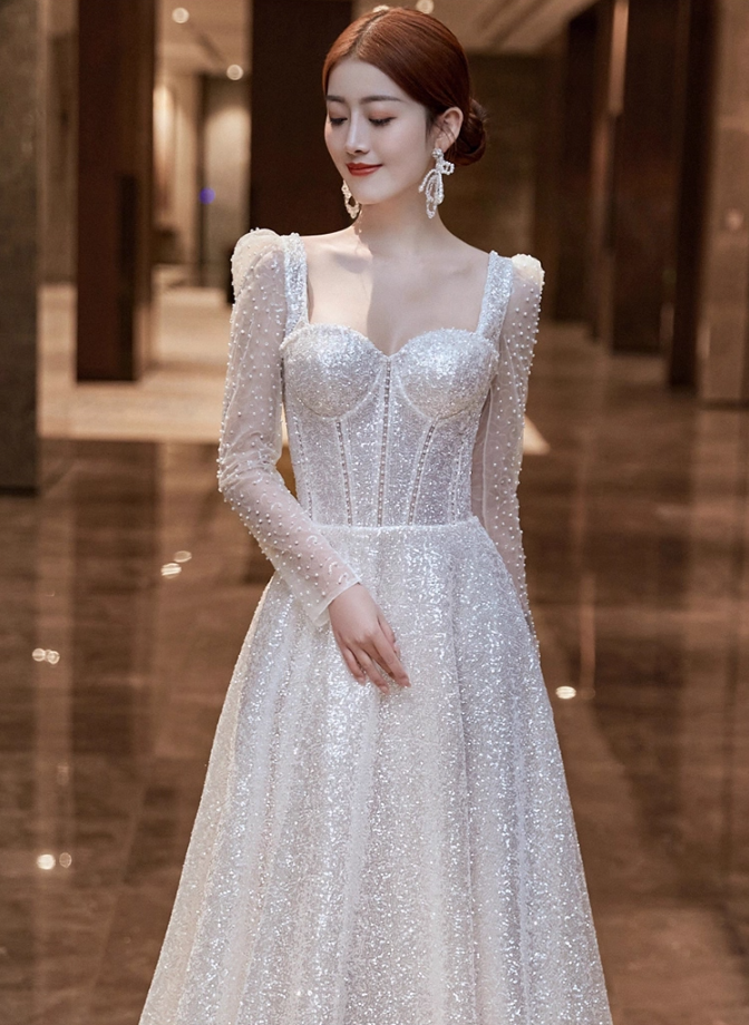 Exquisite Square Neck Beading Lustrous Sequins Evening Dress Mesh Splicing Long Sleeve Prom Dress AP0987