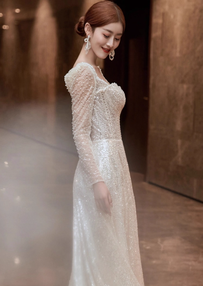 Exquisite Square Neck Beading Lustrous Sequins Evening Dress Mesh Splicing Long Sleeve Prom Dress AP0987