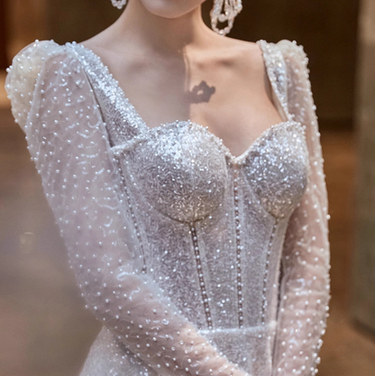 Exquisite Square Neck Beading Lustrous Sequins Evening Dress Mesh Splicing Long Sleeve Prom Dress AP0987