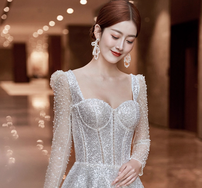 Exquisite Square Neck Beading Lustrous Sequins Evening Dress Mesh Splicing Long Sleeve Prom Dress AP0987