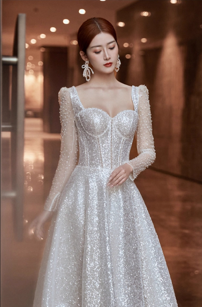 Exquisite Square Neck Beading Lustrous Sequins Evening Dress Mesh Splicing Long Sleeve Prom Dress AP0987