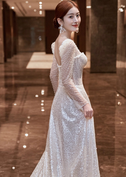 Exquisite Square Neck Beading Lustrous Sequins Evening Dress Mesh Splicing Long Sleeve Prom Dress AP0987