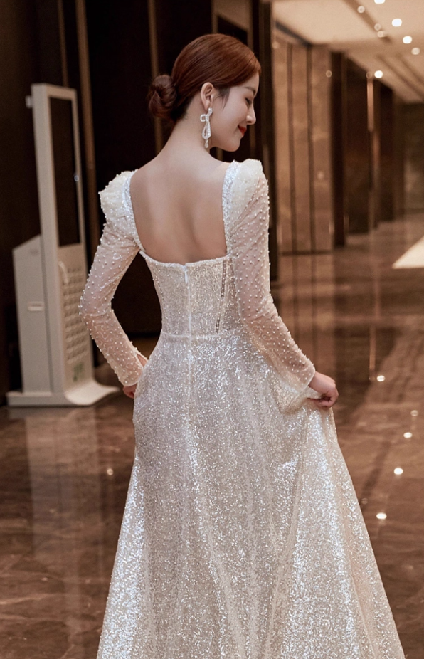 Exquisite Square Neck Beading Lustrous Sequins Evening Dress Mesh Splicing Long Sleeve Prom Dress AP0987