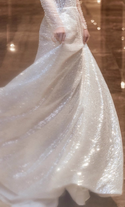 Exquisite Square Neck Beading Lustrous Sequins Evening Dress Mesh Splicing Long Sleeve Prom Dress AP0987