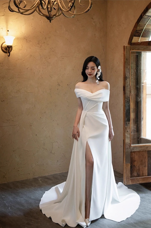 Elegant Off-Shoulder Soft Ceremonies Dress Waist-Cinching High Slit Prom Dress AP0988