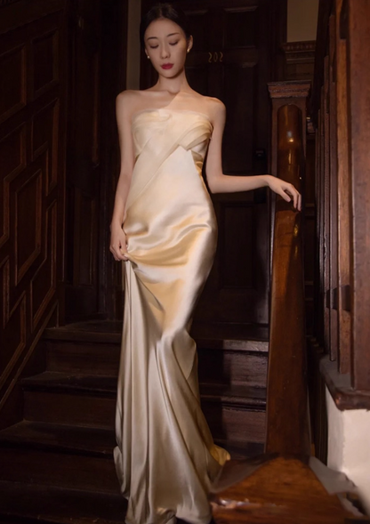 Exquisite Champagne Tulle Trimmed Satin Mermaid Dress Cinched-Waist Strapless Prom Dress AP0989