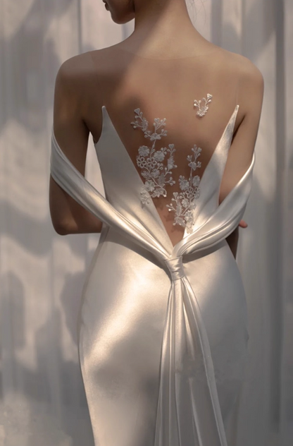 Graceful Lustrous Satin Tulle Splicing Bridal Dress Off-Shoulder Applique Mermaid Wedding Dress AP0990