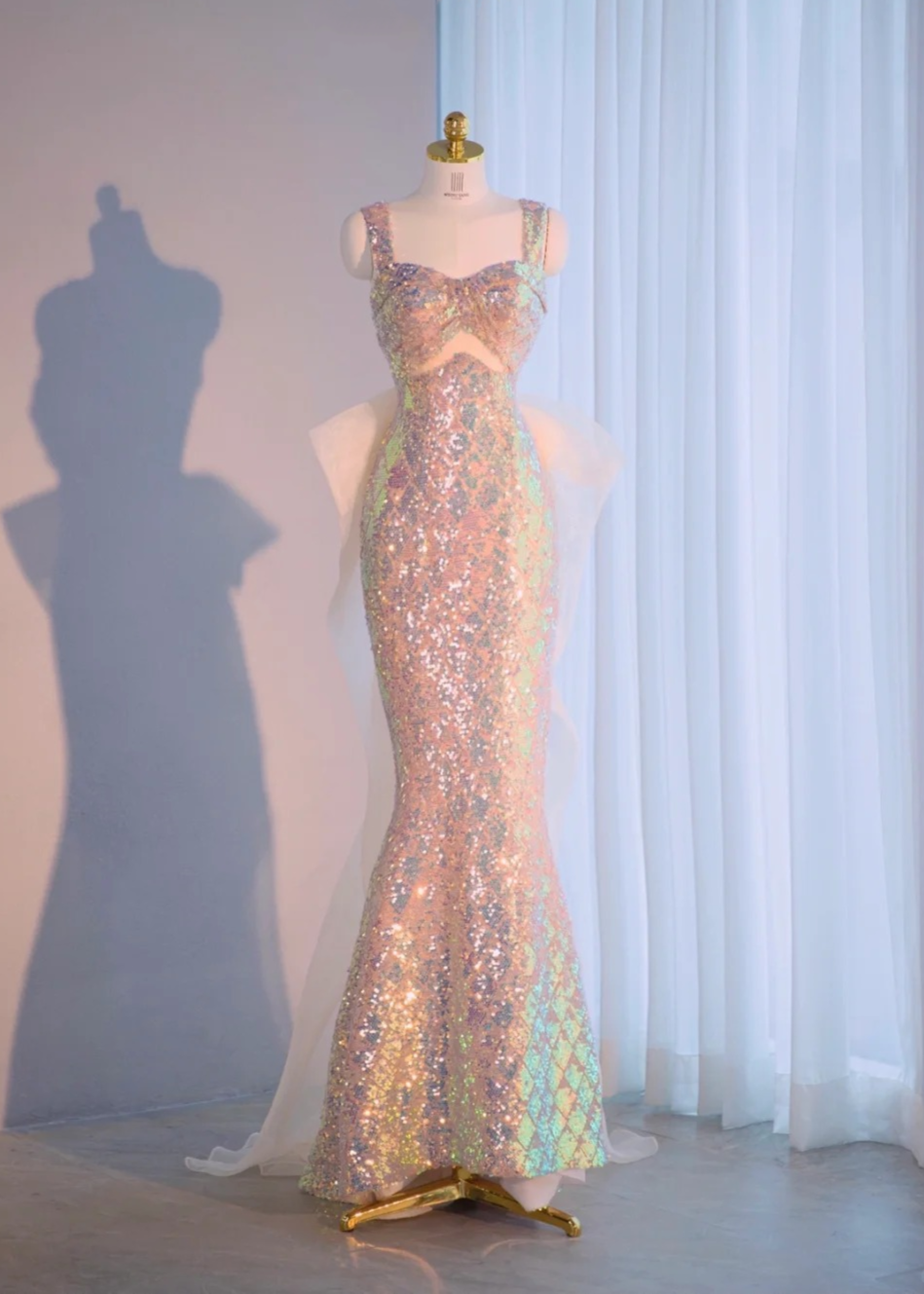 Glamorous Holographic Sequin Mermaid Evening Dress Sweet 16 Tulle Bow Prom Dress AP0991