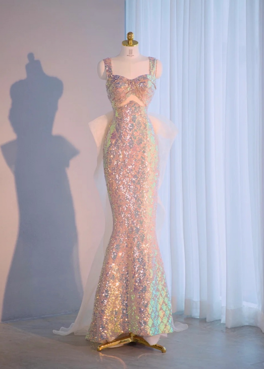 Glamorous Holographic Sequin Mermaid Evening Dress Sweet 16 Tulle Bow Prom Dress AP0991