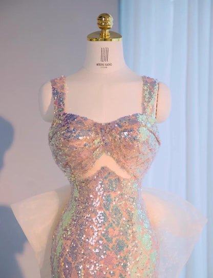 Glamorous Holographic Sequin Mermaid Evening Dress Sweet 16 Tulle Bow Prom Dress AP0991