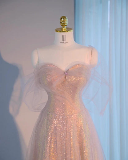 Dreamy Off-Shoulder Tulle Overlay Evening Dress Chic Sheen Sequins Hem A-line Prom Dress AP992
