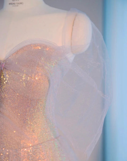 Dreamy Off-Shoulder Tulle Overlay Evening Dress Chic Sheen Sequins Hem A-line Prom Dress AP992