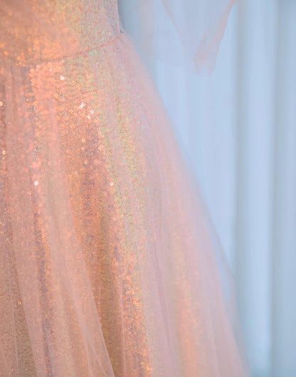 Dreamy Off-Shoulder Tulle Overlay Evening Dress Chic Sheen Sequins Hem A-line Prom Dress AP992