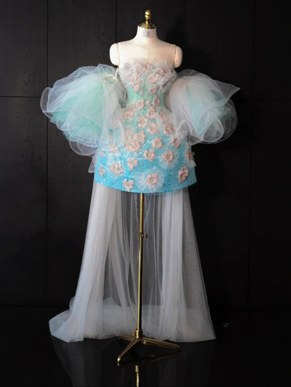 Vibrant Stereo Floral Tulle Layered Puff Sleeve Mini Dress Beading A-Line Homecoming Dress AP0993