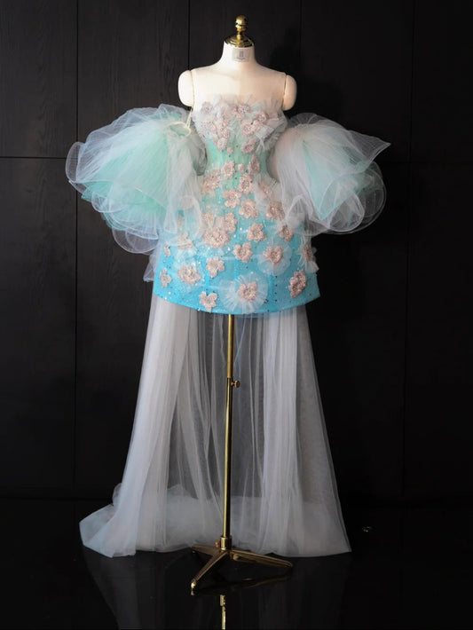 Vibrant Stereo Floral Tulle Layered Puff Sleeve Mini Dress Beading A-Line Homecoming Dress AP0993