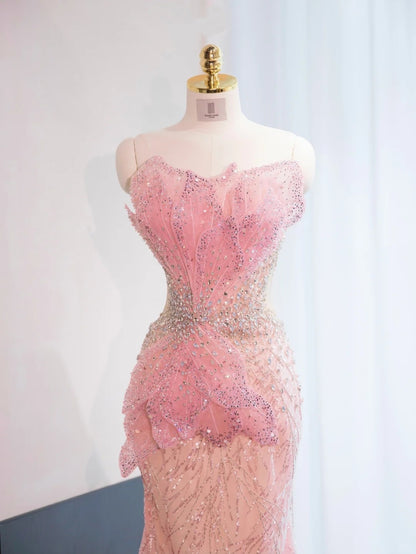 Sexy Pink Beading Petal Design Sweet 16 Dress Open-Waist Strapless Prom Dress AP0995