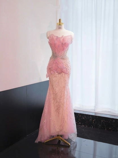 Sexy Pink Beading Petal Design Sweet 16 Dress Open-Waist Strapless Prom Dress AP0995