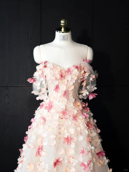 Glamorous Stereo Floral Tulle Evening Dress Off-Shoulder Sheer Tulle Short Sleeve Prom Dress AP0996