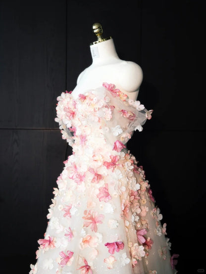 Glamorous Stereo Floral Tulle Evening Dress Off-Shoulder Sheer Tulle Short Sleeve Prom Dress AP0996