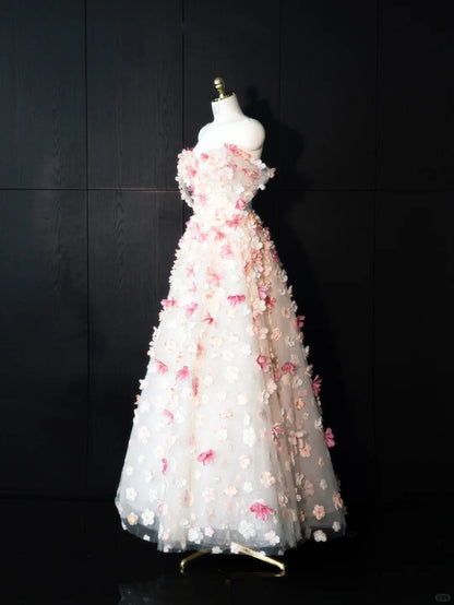 Glamorous Stereo Floral Tulle Evening Dress Off-Shoulder Sheer Tulle Short Sleeve Prom Dress AP0996