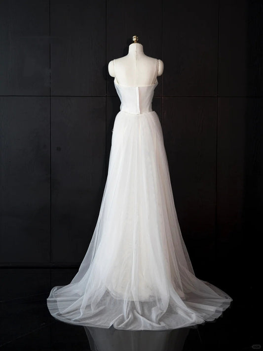 Classical Satin Splicing Lace Layered Bridal Maxi Dress Strapless Cinched-Waist Wedding Dress AP0997