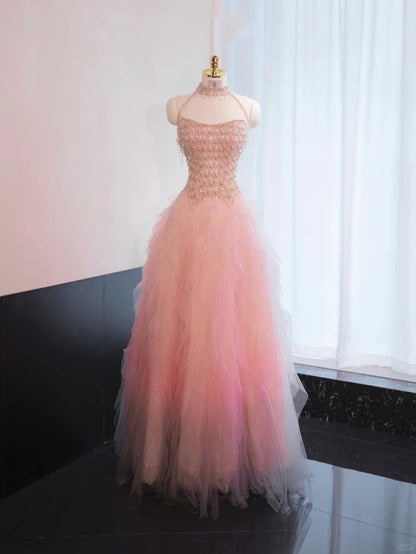 Chic Pink Beading Sweet 16 Evening Dress Sleeveless Tulle Layered Halter Prom Dress AP0998