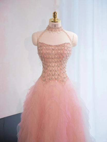 Chic Pink Beading Sweet 16 Evening Dress Sleeveless Tulle Layered Halter Prom Dress AP0998