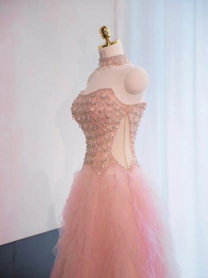 Chic Pink Beading Sweet 16 Evening Dress Sleeveless Tulle Layered Halter Prom Dress AP0998