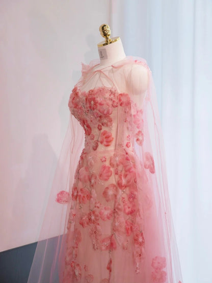 Romantic Stereo Floral Tulle Stole Evening Dress Strapless Sheer Mesh Applique Prom Dress AP0999